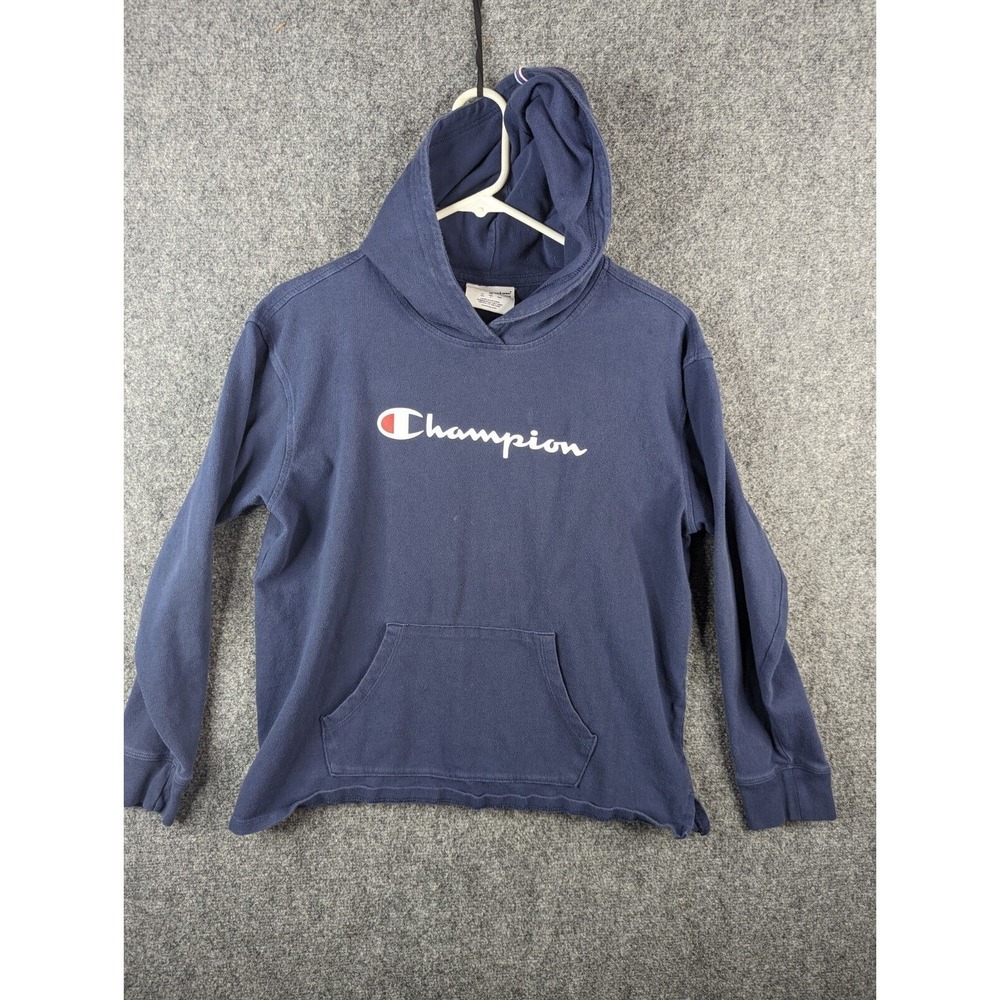 Champion Mens Navy Blue Script Logo Hoodie Sweatshirt Size Medium